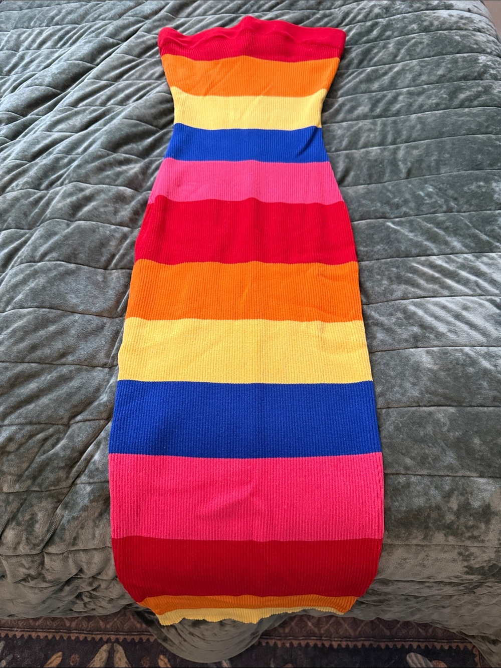 AKIRA Strapless Rainbow Stripe Knit Dress - Red, Orange, Yellow, Blue, Pink